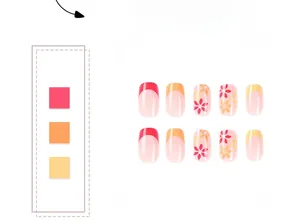 Short round press-on nails set with red orange french tips and floral patterns