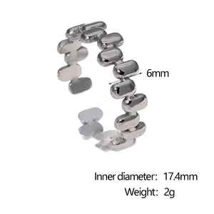 Detailed view of 6mm wide adjustable stainless steel ring with dimensions and 2g weight
