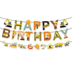 Construction themed happy birthday banner with excavators and cranes for party decoration