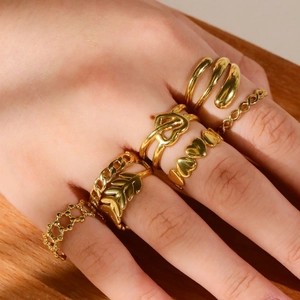 Vintage 18K Gold Plated Stainless Steel Open Rings For Women Heart Leaf Wheat Hollow Multi Layer Twisted Retro Jewelry