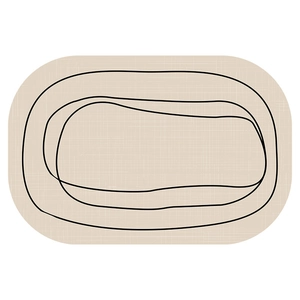 Oval diatom mud bath mat with minimalist black abstract lines and linen texture surface
