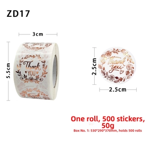 Detail view of 3.8cm rose gold Thank You stickers with floral border and dimensions