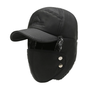 Colbacco invernale con paraorecchie e maschera in tessuto antivento nero resistente