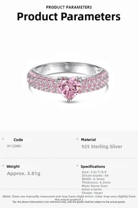 Detailed macro view showing S925 silver hallmark and heart pink zircon ring parameters