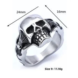 Macro shot of punk skull ring with detailed bone texture and product dimensions