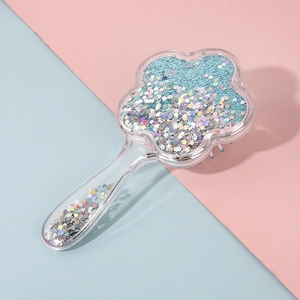 Cute flower-shaped transparent hairbrush with blue sequins for kids scalp massage