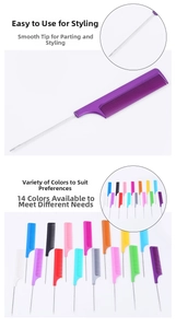 Detail view of colorful rat tail combs with metal handles and 14 assorted colors