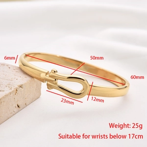 Detail view of gold stainless steel horse-hoof buckle bracelet with size dimensions
