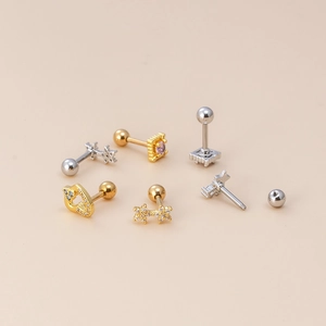 Golden and silver flower heart cartilage earrings with colorful zircon and screw ball backs