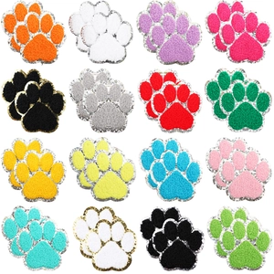 Chenille Paw Print Patch Animal Footprint Iron On Embroidery Applique Sequin Glitter Edge For Clothing Bag DIY