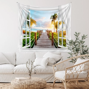Detail of bohemian beach window tapestry showing tropical sea sunset scene on wall