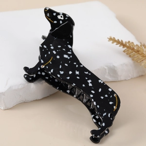 Cute black and white spotted dachshund dog hair claw clip made of premium acetate material