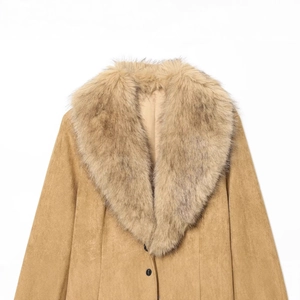 Women's camel suede coat featuring a plush faux fur collar and single-breasted design