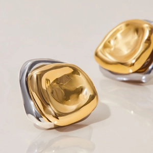 Polished two-tone gold and silver irregular square stainless steel earrings for women
