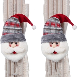 Pair of plush Santa Claus curtain buckles with festive red and grey plaid texture