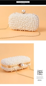 Close-up of white handmade pearls and golden metal clasp on a luxury evening clutch bag