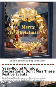 Detail of golden Christmas wreath window sticker with bells and Merry Christmas text