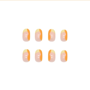 Oval round press-on nails with wave pattern in nude, bright orange, and yellow