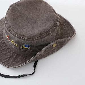 Child's washed cotton bucket hat with colorful construction truck embroidery in grey