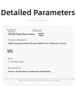 Detailed parameter chart for white MDF triple ultrasound photo frame measuring 17.4x35.1cm