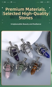 Detail of dragon-wrapped crystal pendants in amethyst, quartz, and tiger eye stones