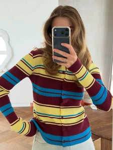 Slim fit ribbed knit cardigan with retro colorful horizontal stripes and button-down front
