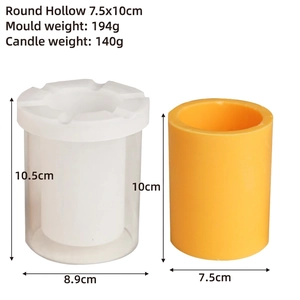 Detail view of round hollow candle mold with dimensions 8.9x10.5cm and finished candle