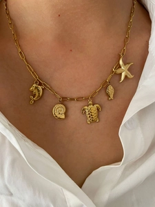 Détail d'un collier en acier inoxydable 18K avec cinq pendentifs marins sur un mannequin