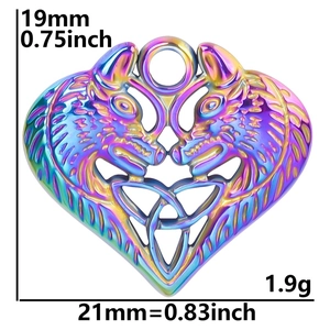 Rainbow wolf heart pendant detail showing dimensions 19mm x 21mm and Celtic knotwork