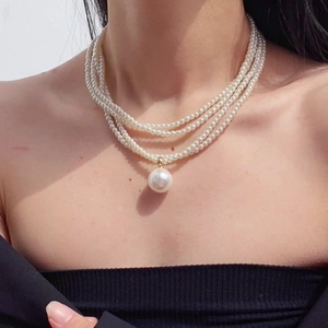 Elegant multi-layer pearl necklace for women featuring a large pendant and gold hardware