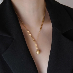 Frosted Ball Pendant Necklace Titanium Stainless Steel Mixed Link Clavicle Chain Minimalist Jewelry Gift For Women Gold Color