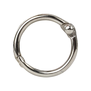 Single silver metal loose-leaf ring with hinged buckle on a clean white background