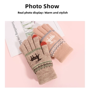 Detail of deer pattern winter touch screen knit gloves with thick fleece lining