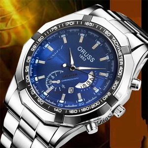 Close-up of the ORUSS stainless steel chronograph watch with blue sunray dial and bezel
