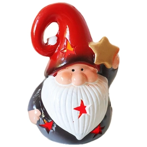 Lighted Christmas gnome ceramic ornament with red star hat and golden star detail