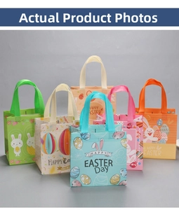 Close-up of assorted colorful non-woven Easter gift bags with bunny and egg prints