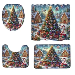 Christmas unicorn and gingerbread house shower curtain set with bath mats for bathroom