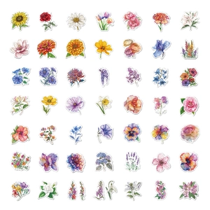 Detailed grid of forty-nine colorful watercolor floral vinyl stickers on a white background
