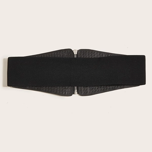 Women's wide black corset belt with sequins, elastic fabric, and front zipper closure