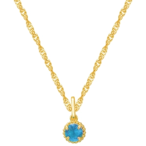 Close-up of sky blue round birthstone pendant with twisted gold chain necklace
