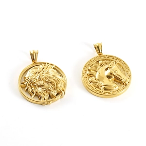 3D stainless steel gold pendants featuring Jesus and horse head reliefs on white backdrop