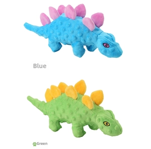 Detail of blue and green plush dinosaur squeaky toys with textured surface for dogs