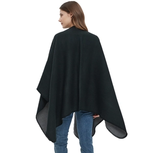 Women's reversible black and grey cashmere-like knit poncho with decorative stitching