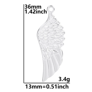 Detail view of silver stainless steel wing pendant showing dimensions 36mm by 13mm