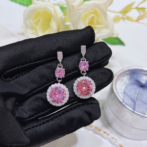 Luxury pink zircon halo drop earrings with round cut center stones in silver setting