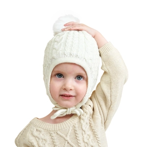 Toddler winter knit earflap beanie and warm sweater set in solid cream white