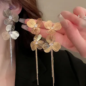 Boucles D'oreilles À Pampilles Fleuries Avec Clous En Argent Sterling 925 Zircon Chaîne Longue Bijoux En Métal Pour Femmes