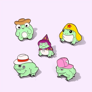 Set of five creative cartoon frog enamel pins with various magic hats and funny poses