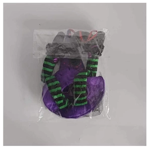 Detail view of purple witch hat wine bottle cover in protective plastic packaging