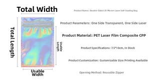 Detail of laser holographic seal bag showing dimensions and the rainbow reflective texture